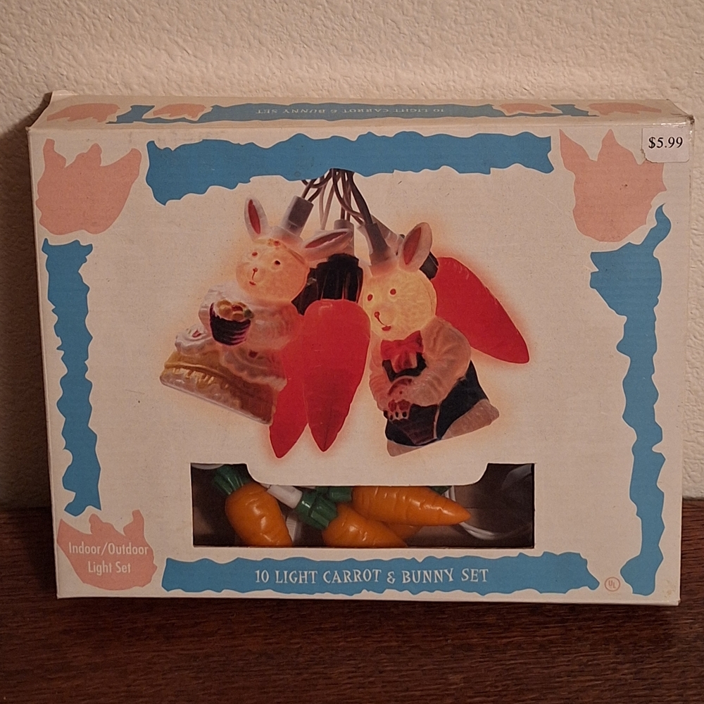 Vintage Blow Mold 10 Light Carrot & Bunny Set Easter String Lights